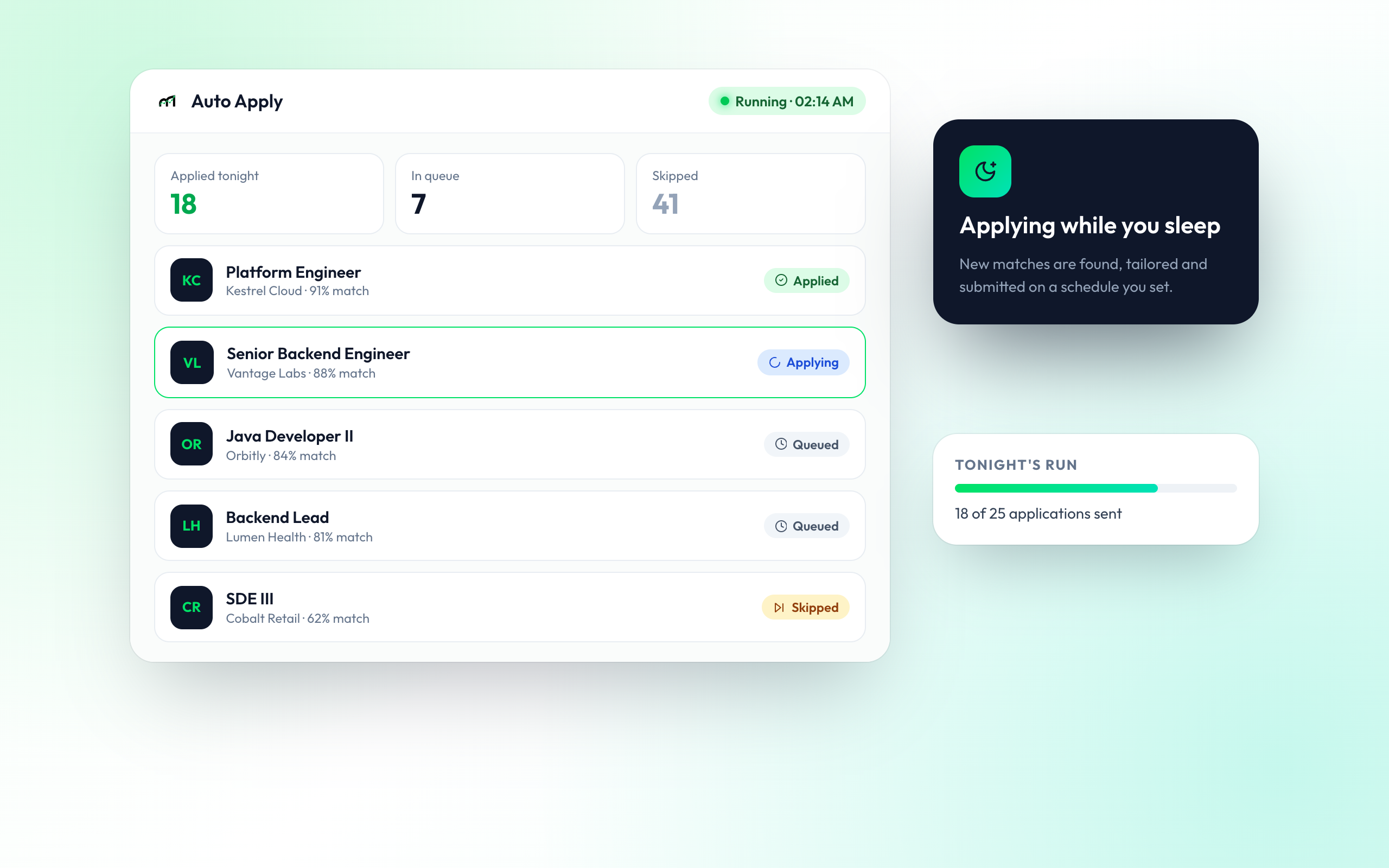 Auto apply agent sending applications overnight