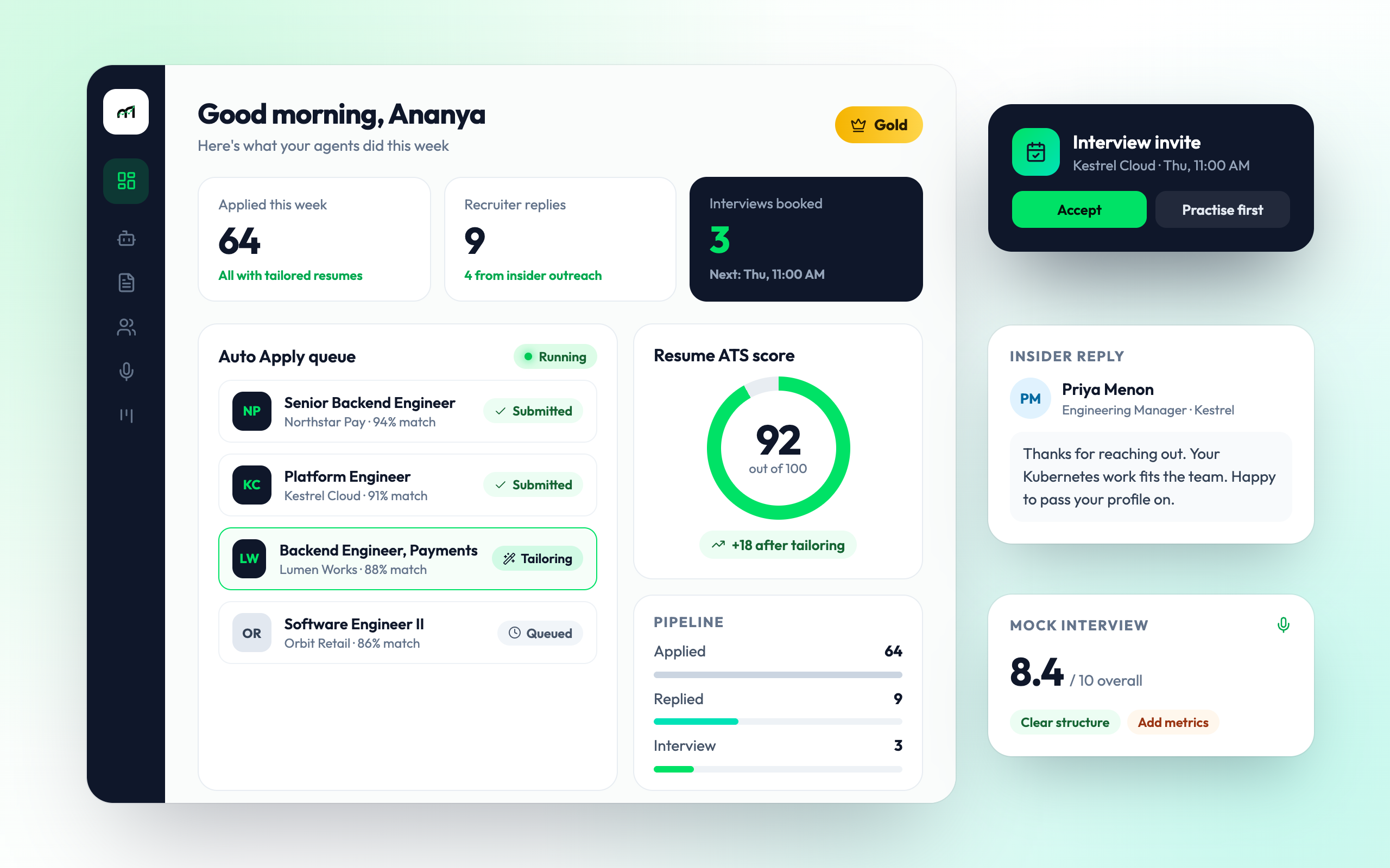 MindMyJob Gold workspace showing the Auto Apply queue, ATS score, recruiter replies and an interview invite