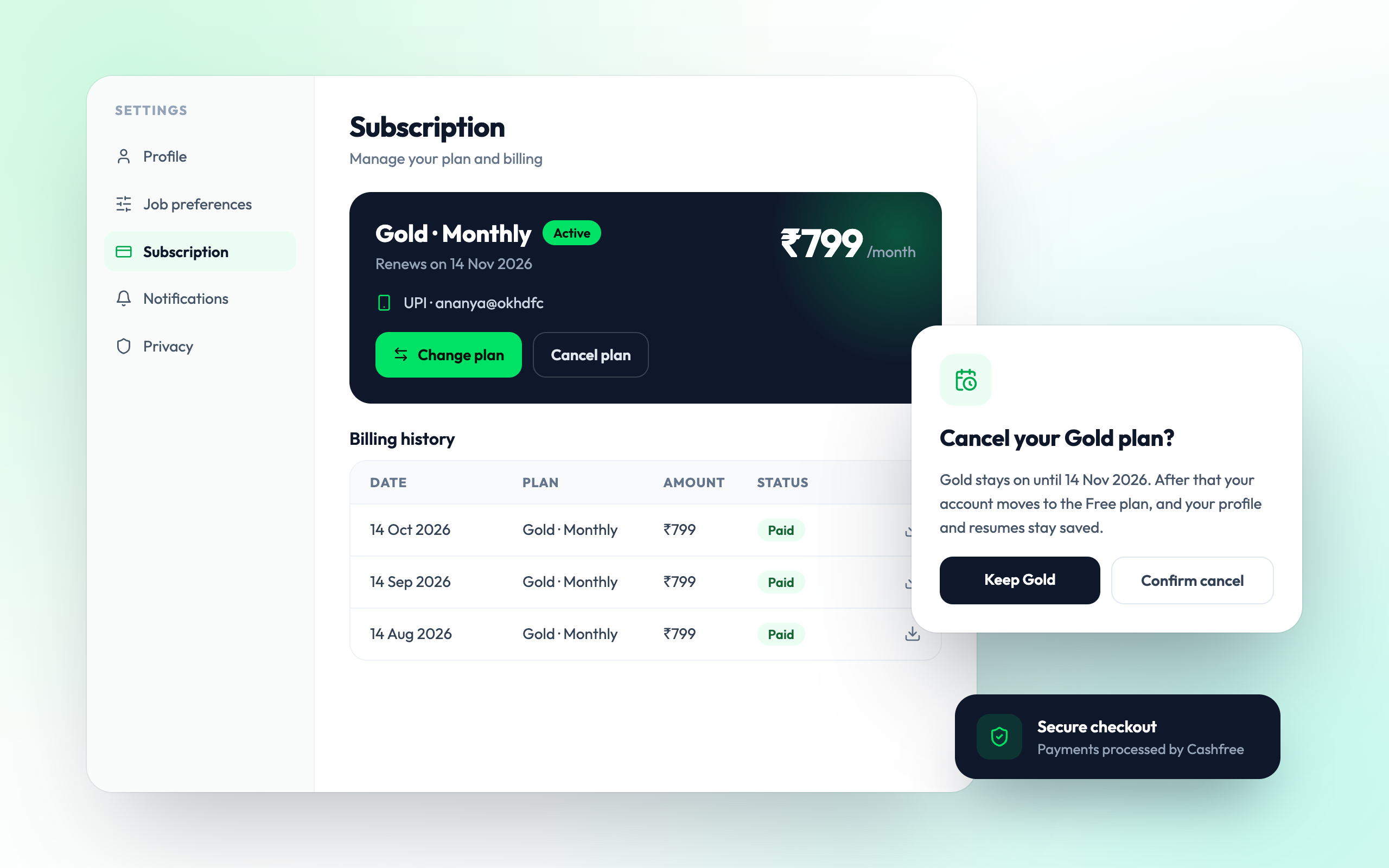 MindMyJob subscription settings with plan details, billing history and a cancel option